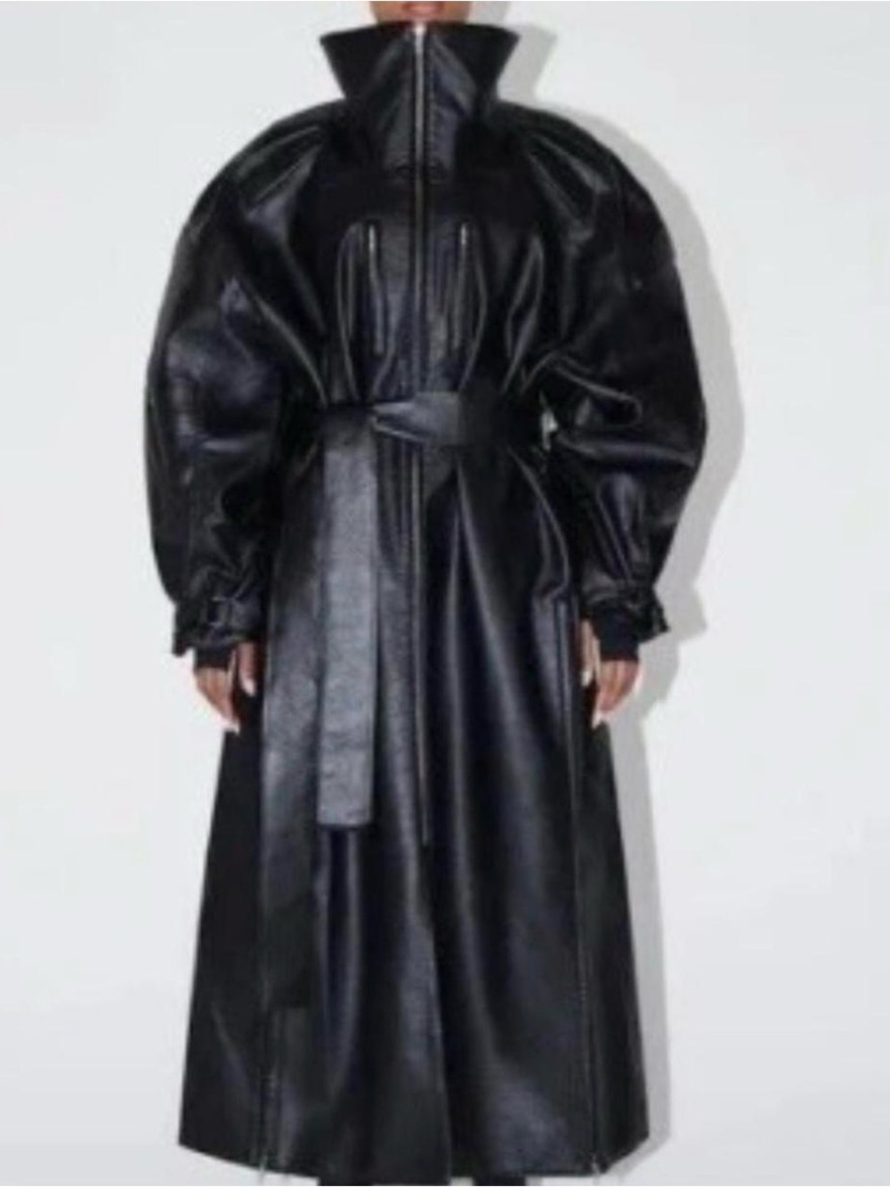 Khy Black Faux Leather Trench Coat with High Collar and Belt🖤